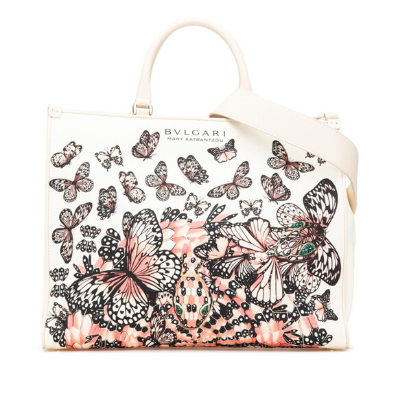 BVLGARI Butterfly Handbag/Shoulder Bag 2-Way White/Multicolor Canvas and Le...